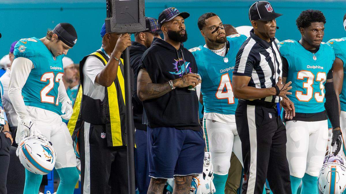 Miami Dolphins wide receiver Odell Beckham Jr. looks from the sidelines in the first half of their NFL game against the Tennessee Titans at Hard Rock Stadium on Monday, Sept. 30, 2024, in Miami Gardens, Fla.