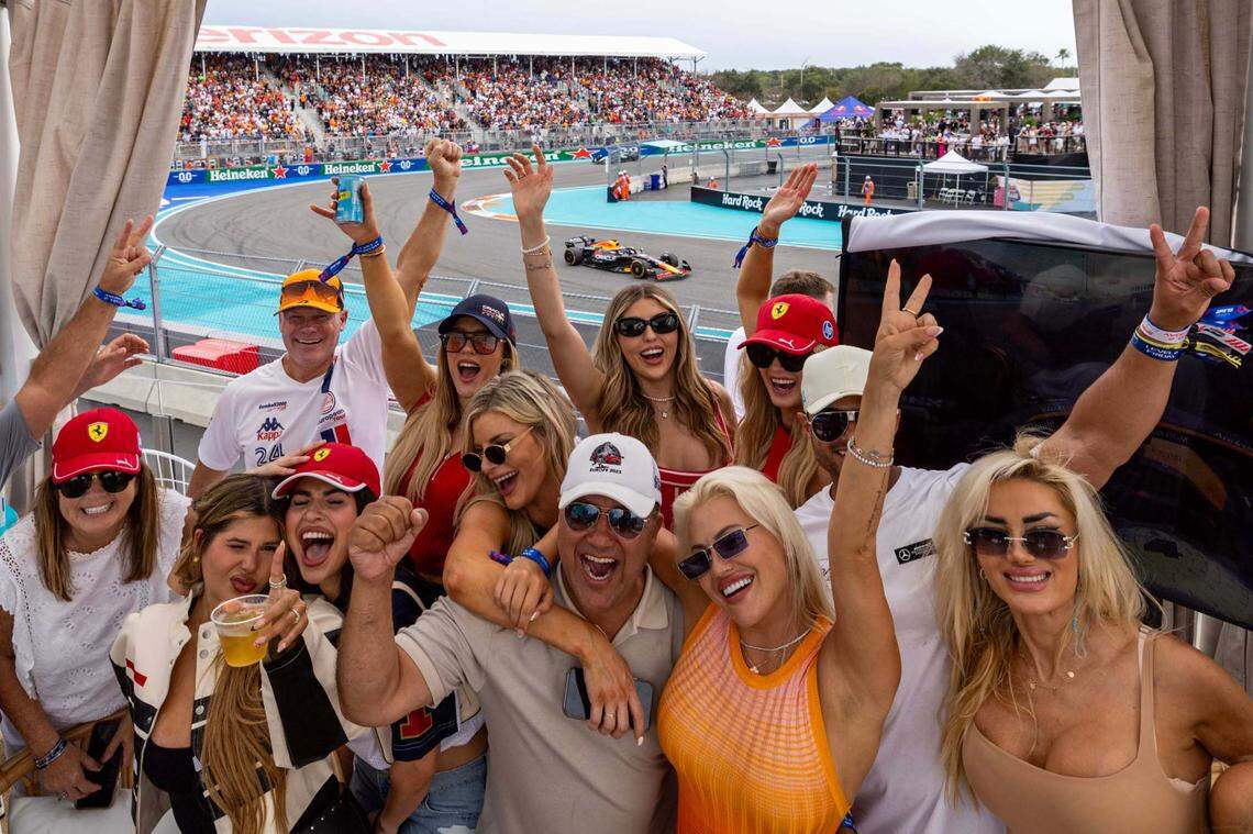 Danny Creighton reacts with friends and family from The Beach Club inside Miami International Autodrome during Formula One Miami Grand Prix at the Miami International Autodrome on Sunday, May 4, 2025, in Miami Gardens, Fla.