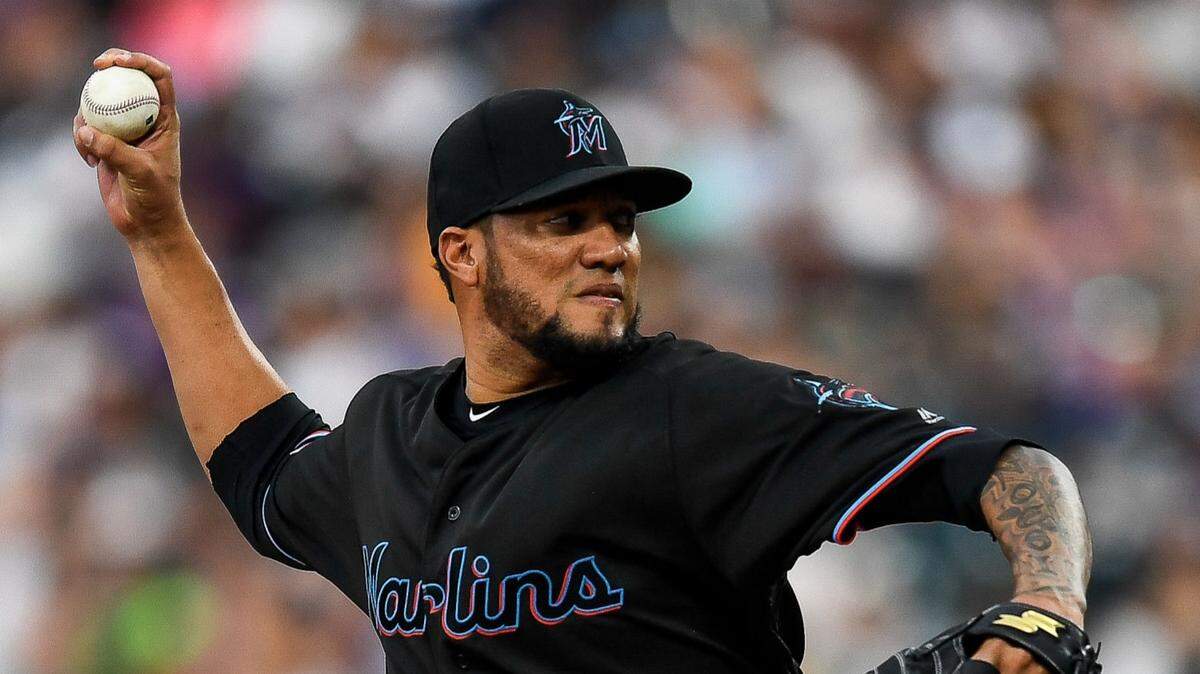 The Miami Marlins’ Hector Noesi pitches against the Colorado Rockies on Saturday, Aug. 17, 2019, at Coors Field in Denver, Colorado.