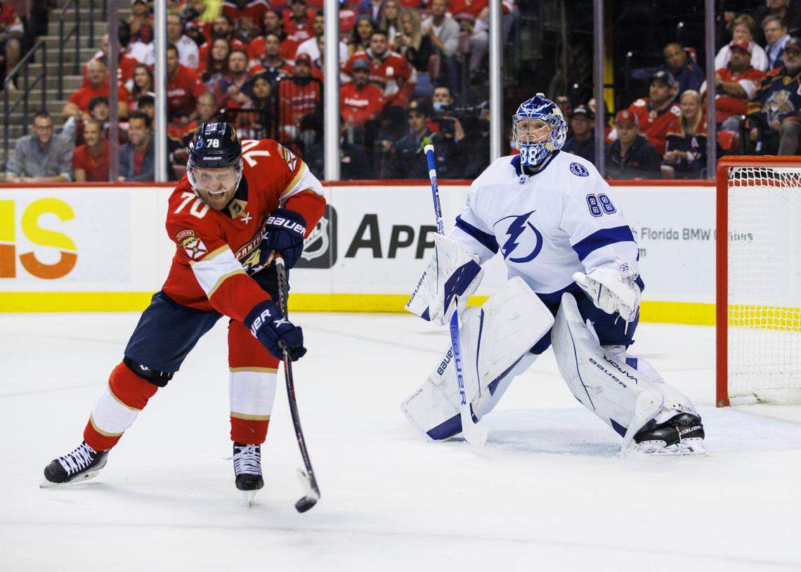 Florida Panthers right wing Patric Hornqvist (70) takes a shot against the defense of Tampa Bay Lightning goaltender Andrei Vasilevskiy (88) during the first period of Game 1 of a second round NHL Stanley Cup series at FLA Live Arena on Tuesday, May 17, 2022 in Sunrise, Fl.