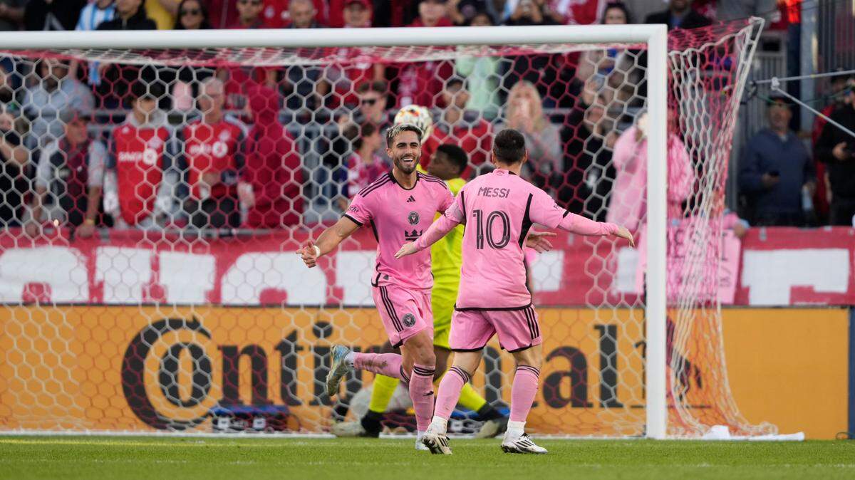 Oct 5, 2024; Toronto, Ontario, CAN; Inter Miami CF forward Leonardo Campana (8) celebrates a goal with forward Lionel Messi (10) in the second half against the Toronto FC at BMO Field. Mandatory Credit: Kevin Sousa-Imagn Images