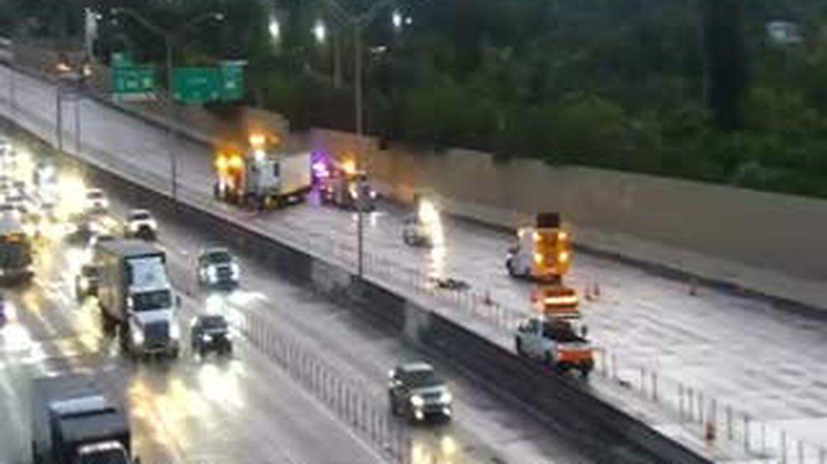 A jackknifed truck has closed northbound lanes of I-95 in the Golden Glades area near NW 151st Street, Express lanes also are closed from downtown Miami.
