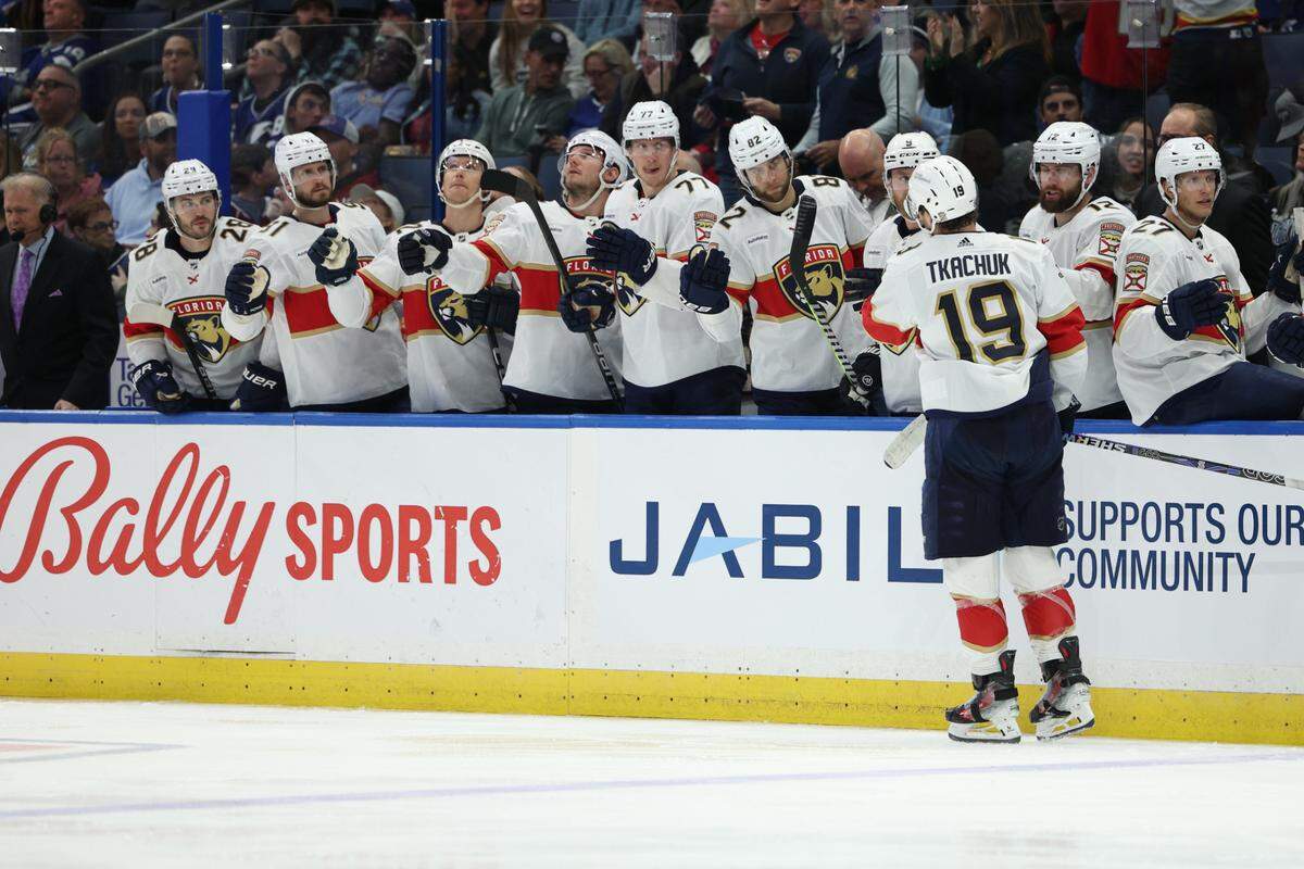 Feb 17, 2024; Tampa, Florida, USA; Florida Panthers left wing Matthew Tkachuk (19) celebrates after scoring a goal against the Tampa Bay Lightning in the second period at Amalie Arena.