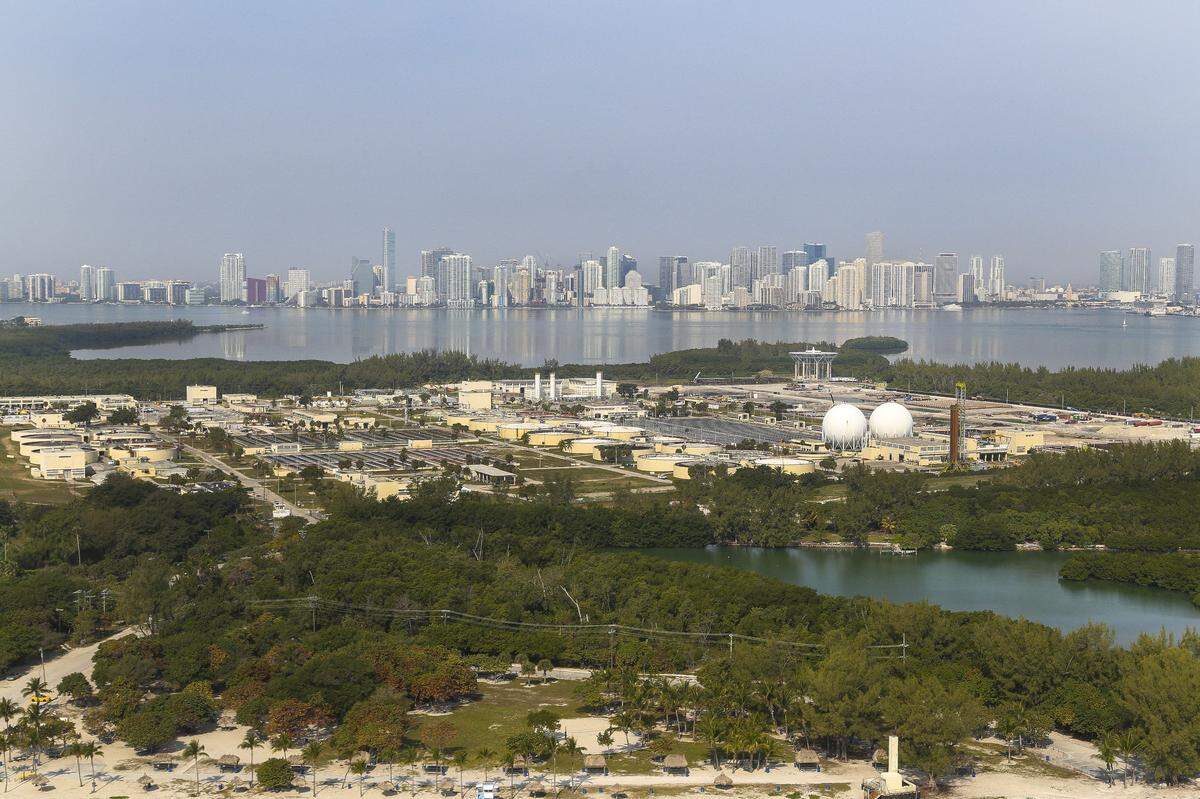 Aerial view of Virginia Key, with sewage treatment plant in the rear.