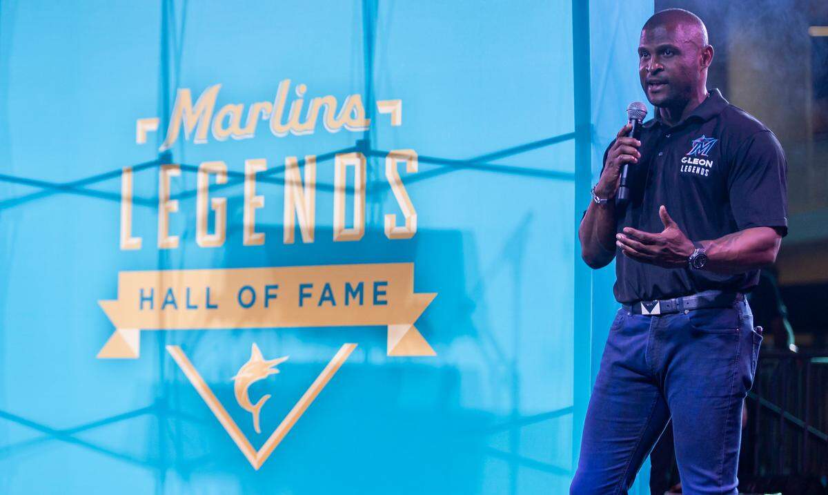 Former Miami Marlins player Luis Castillo speaks after the team announced the creation of the Marlins Legends Hall of Fame during the team’s fan festival at loanDepot park on Saturday, Feb. 8, 2025, in Miami, Fla.