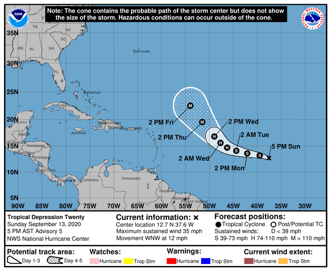 Tropical Depression No. 20’s projected path as of 5 p.m. Sunday afternoon, Sept. 13.