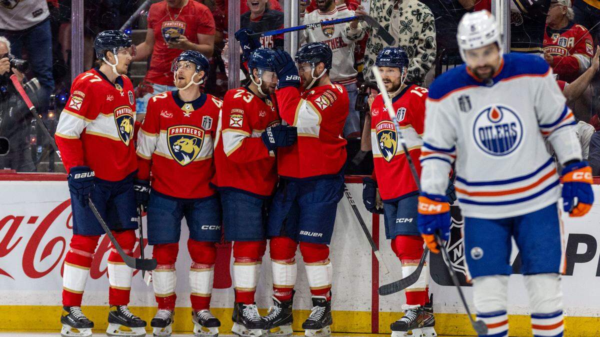Sunrise, Florida, June 8, 2024 - Panthers celebrate Florida Panthers center Carter Verhaeghe’s, third from left, goal early in the first period of game 1 of the Stanley Cup Final at Amerant Arena in Sunrise, Florida.