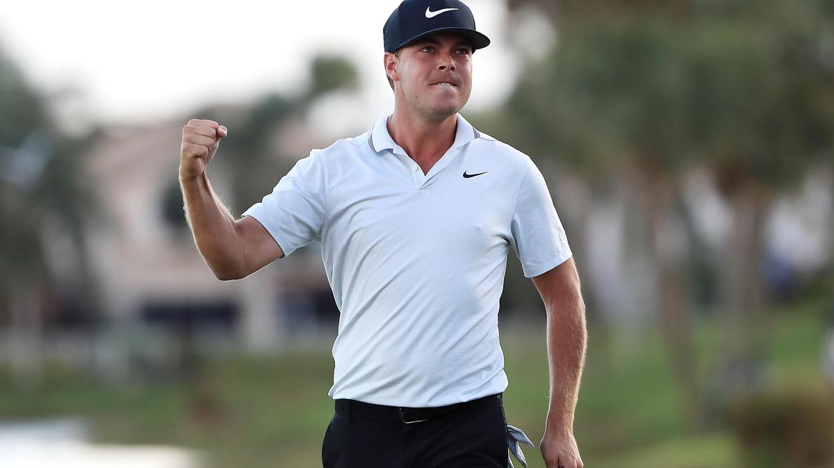 PALM BEACH GARDENS, FLORIDA - MARCH 03: Keith Mitchell celebrates after making a birdie putt on the 18th green to win the Honda Classic at PGA National Resort and Spa on March 03, 2019 in Palm Beach Gardens, Florida. (Photo by Sam Greenwood/Getty Images)