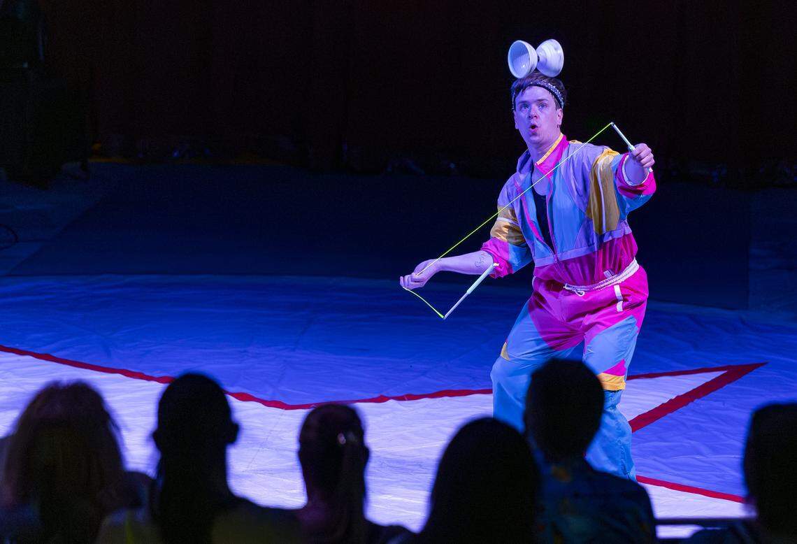 A circus performer does an act during the opening day of the 74th annual Miami-Dade County Youth Fair on Thursday, March 12, 2026, in Miami, Fla.