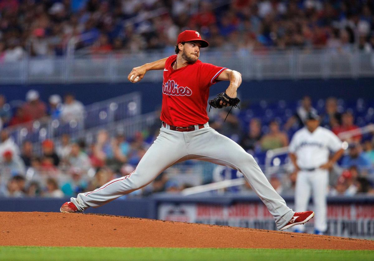 Philadelphia Phillies starting pitcher Aaron Nola (27) pitches during the first inning of a baseball game against the Miami Marlins LoanDepot Park on Sunday, July 17, 2022 in Miami, Florida.