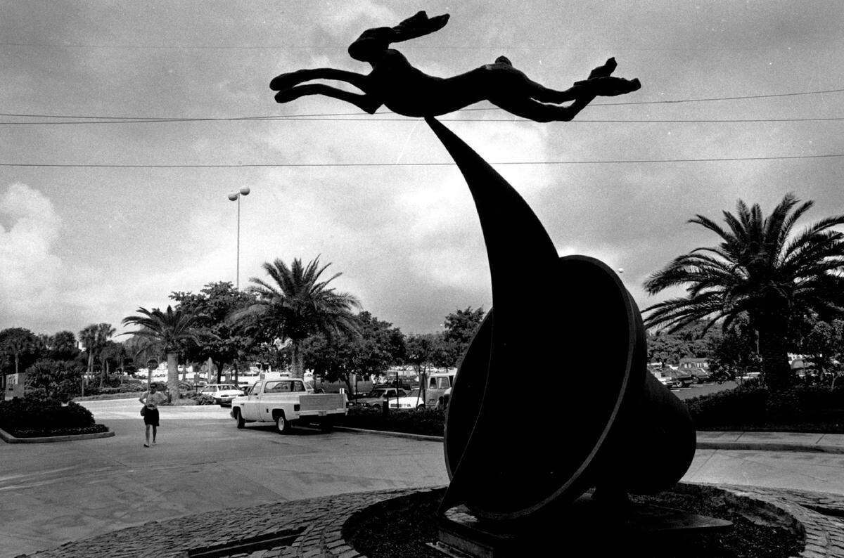 In front of One Turnberry Place facing the Aventura Mall at 19455 Biscayne Blvd., The Rabbit by sculptor Barry Flanigan in 1991.