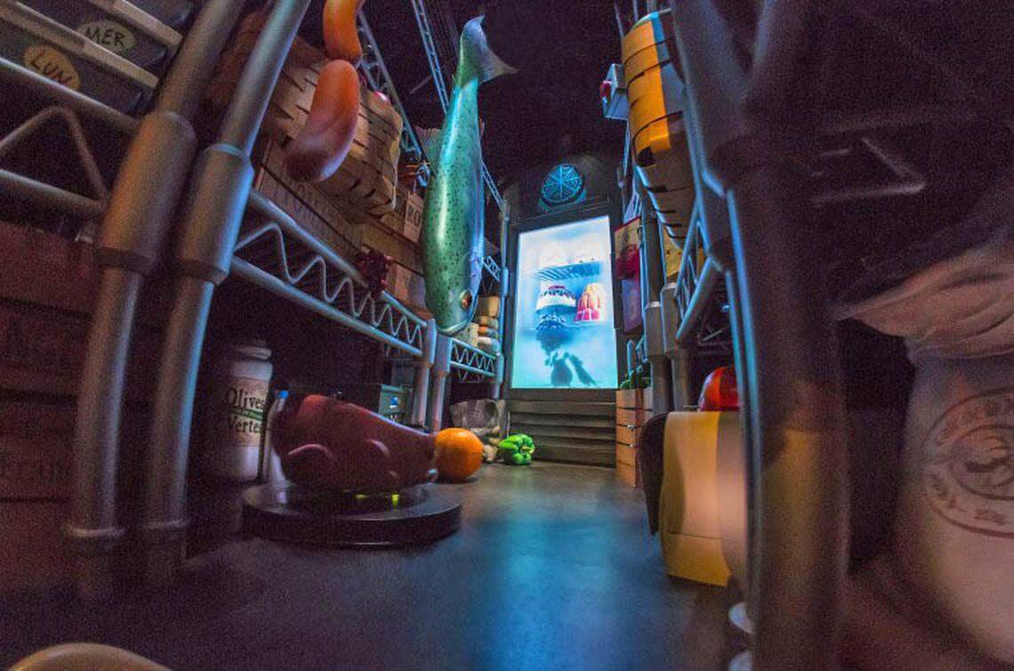 At Disneyland Paris, visitors on the Ratatouille ride, visitors are magically shrunk to the size of a rat and see the world from the perspective of a rat scurrying through a restaurant kitchen.