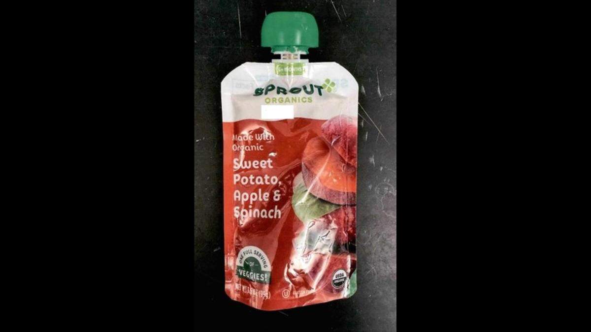 A pouch of Sprout Organics Sweet Potato Apple and Spinach