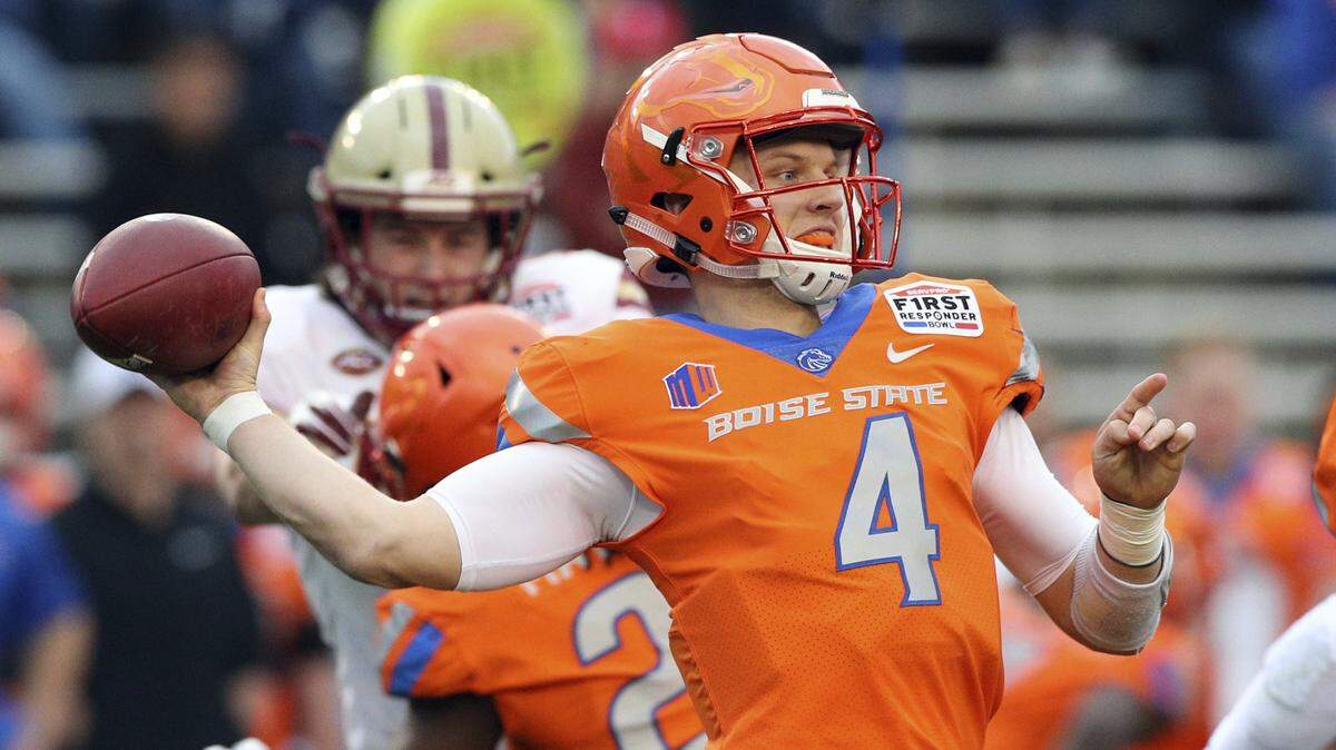 Boise State quarterback Brett Rypien looks for an open receiver against Boston College during the First Responder Bowl in Dallas on Dec. 26 before the game was canceled due to inclement weather.