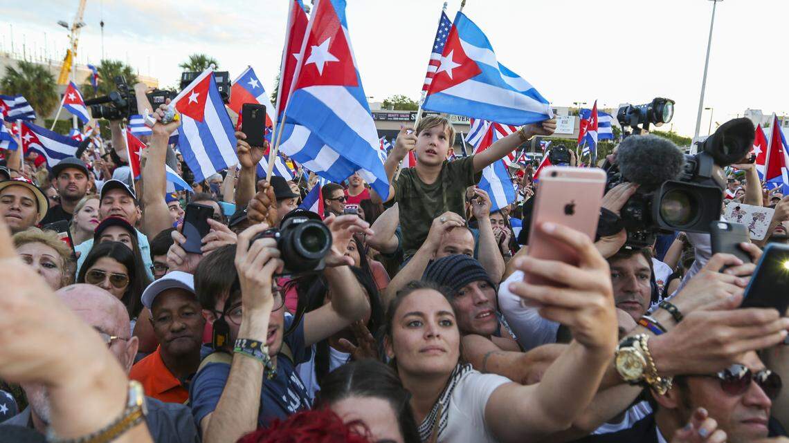 A file photo of a large crowd of Cuban exiles outside Versailles Restaurant in Miami’s Little Havana neighborhood.