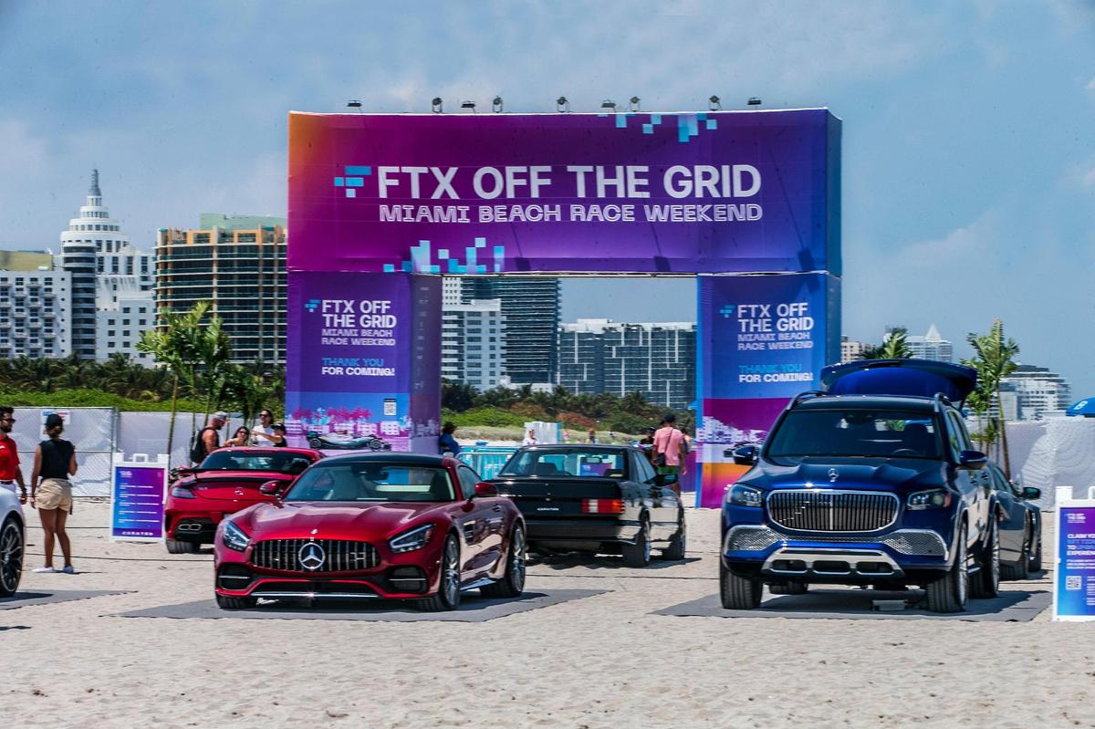 An exhibit of Mercedes Benz cars are on display on the sands of South Beach ahead of the Miami Grand Prix for the FTX Off the Grid Fan Fest on Friday, May 6, 2022.