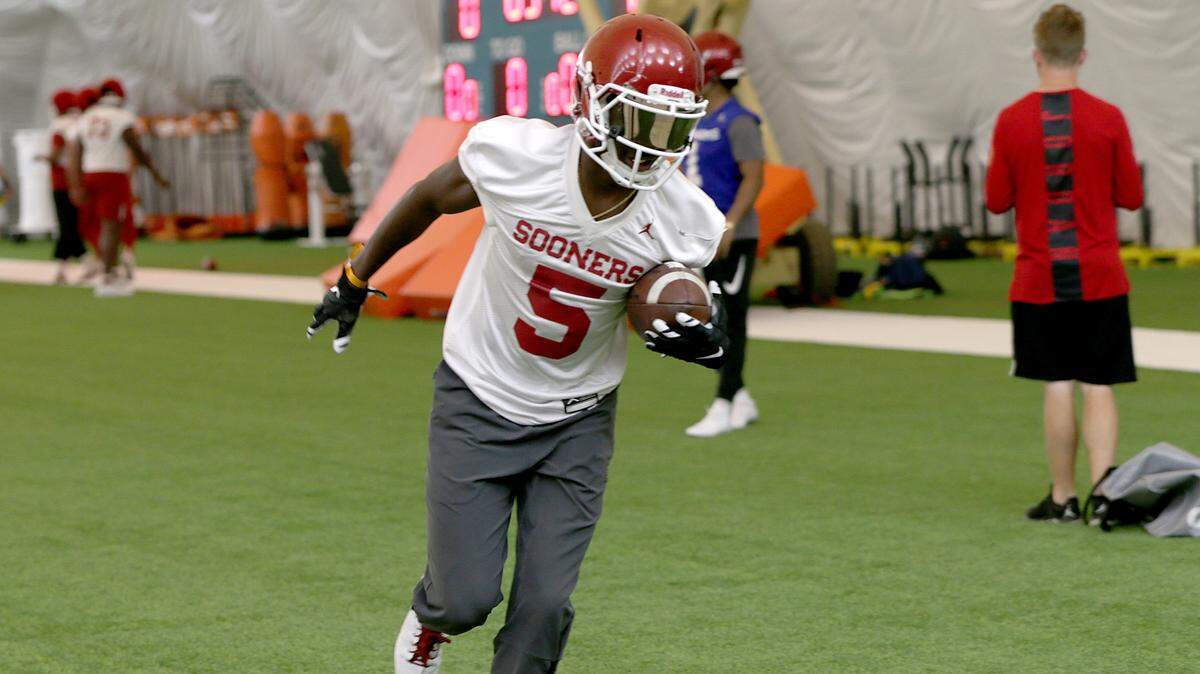 Oklahoma Sooners wide receiver Marquise Brown runs through practice drills at The Baptist Health Training Facility at Nova Southeastern University in Davie, Florida, on Saturday, December 27, 2018. The Sooners are set to face-off against the Alabama Crimson Tide during the 2018 Orange Bowl this coming Saturday at the Hard Rock Stadium.