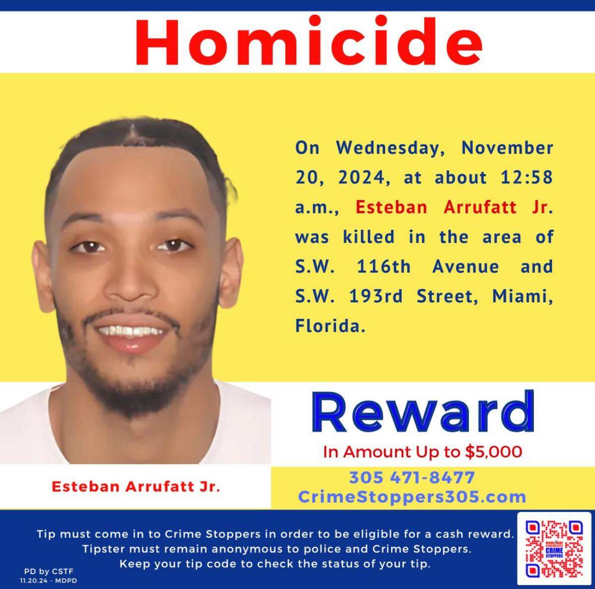 Police offer a $5000 for information on the shooting of Esteban Arrufatt Jr. in South Miami Heights on Wednesday.