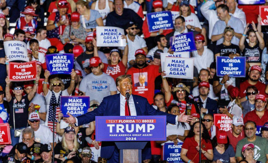 Former President Donald Trump speaks to a full house rally at Ted Hendricks Stadium at Henry Milander Park in Hialeah, on Nov. 8, 2023.