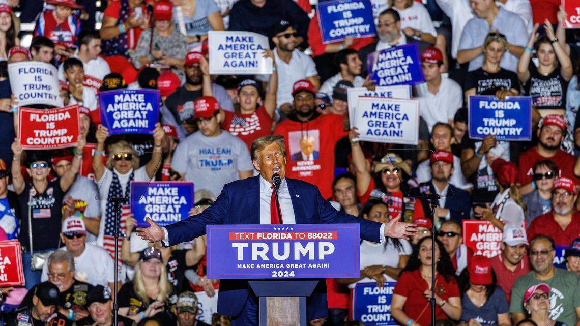 Former President Donald Trump speaks to a full house rally at the Ted Hendricks Stadium at Henry Milander Park in Hialeah, on Wednesday, November 08, 2023. He’s endorsing local candidates for Miami-Dade County races, too.