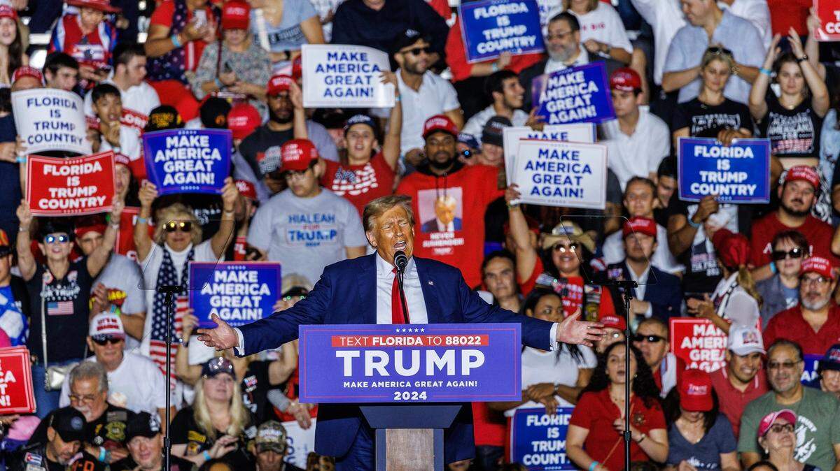 Former President Donald Trump speaks to a full house rally at the Ted Hendricks Stadium at Henry Milander Park in Hialeah, on Wednesday, November 08, 2023.