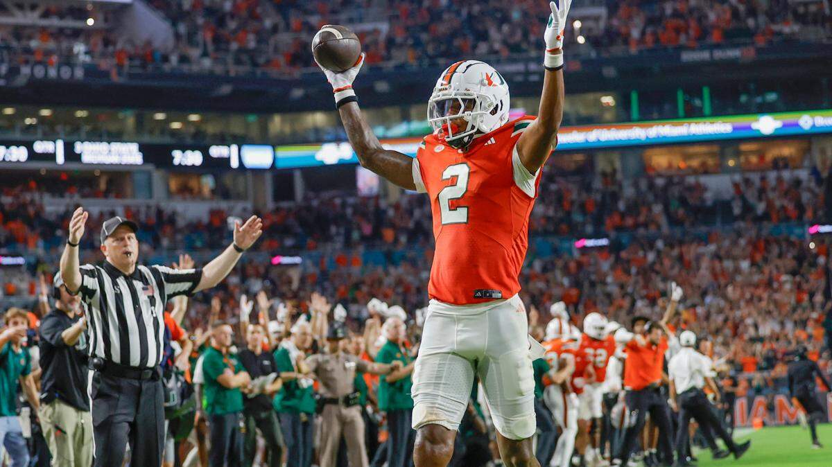 Miami Hurricanes wide receiver Isaiah Horton (2) reacts after scoring against the Virginia Tech Hokies during the second half of an ACC conference football game at Hard Rock Stadium on Friday, September 27, 2024, in Miami Gardens, Fla.