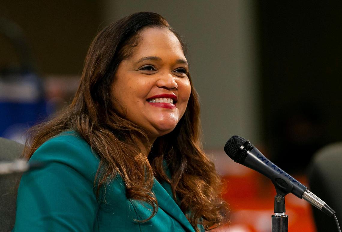 Candidate for Miami-Dade Public Schools Superintendent Rafaela Espinal participates in a public interview at the school board’s headquarters in downtown Miami, Florida on Monday, January 24, 2022. Espinal, a nearly 30-year veteran with the New York City Department of Education, is one of three finalists who applied for the position of superintendent.