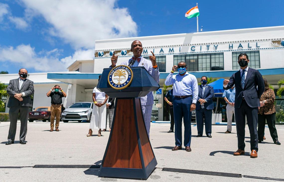Miami Gardens Mayor Oliver Gilbert speaks during a COVID-19 press conference outside of Miami City Hall in Coconut Grove on Monday, June 22, 2020. Several mayors from Miami-Dade municipalities gathered to announce stricter enforcement of COVID-19 rules.