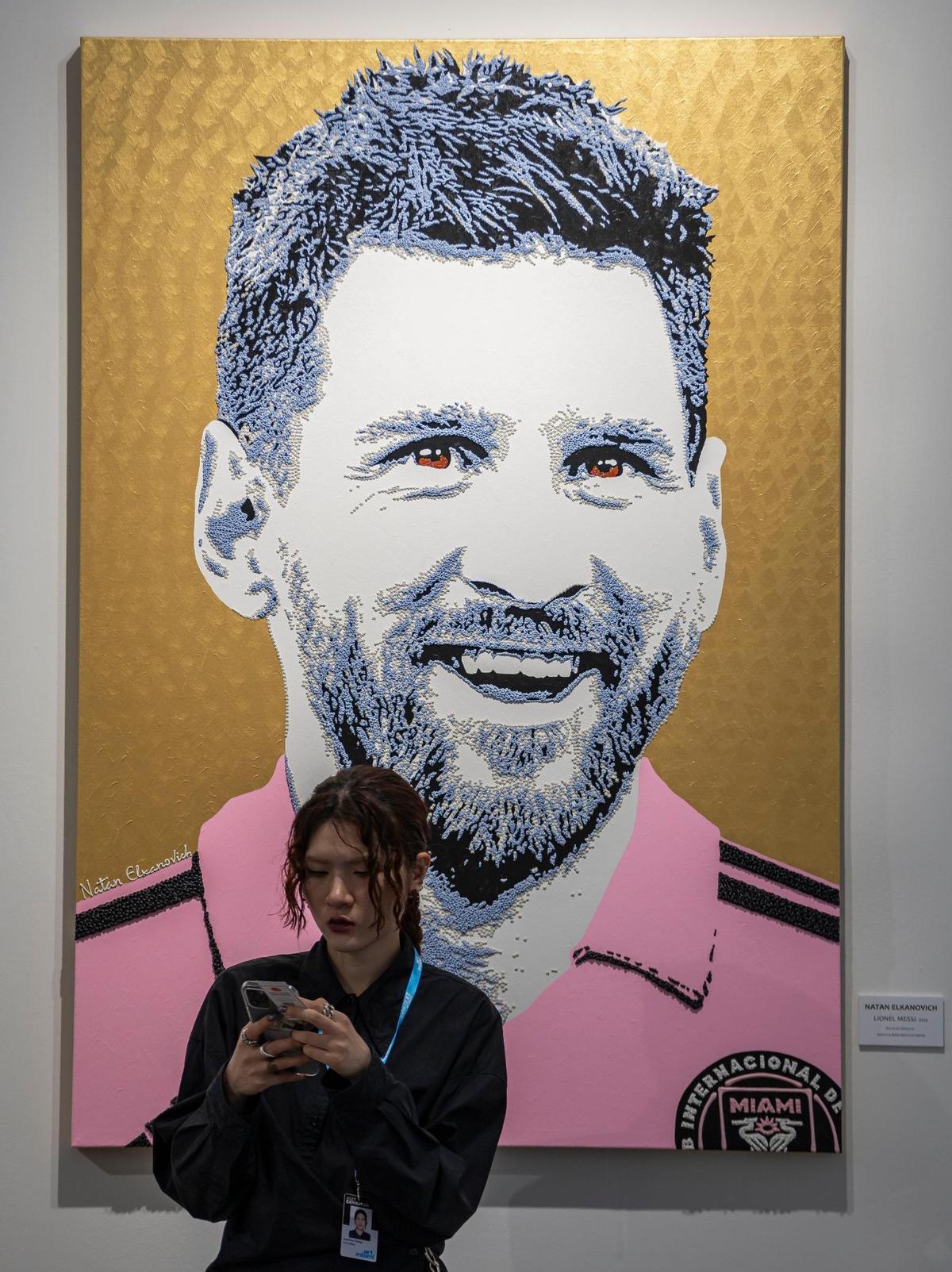 Natan Elkanovich’s “Lionel Messi” is on display during a VIP preview at Art Miami 2023 on Tuesday, Dec. 5, 2023, in downtown Miami, Fla.