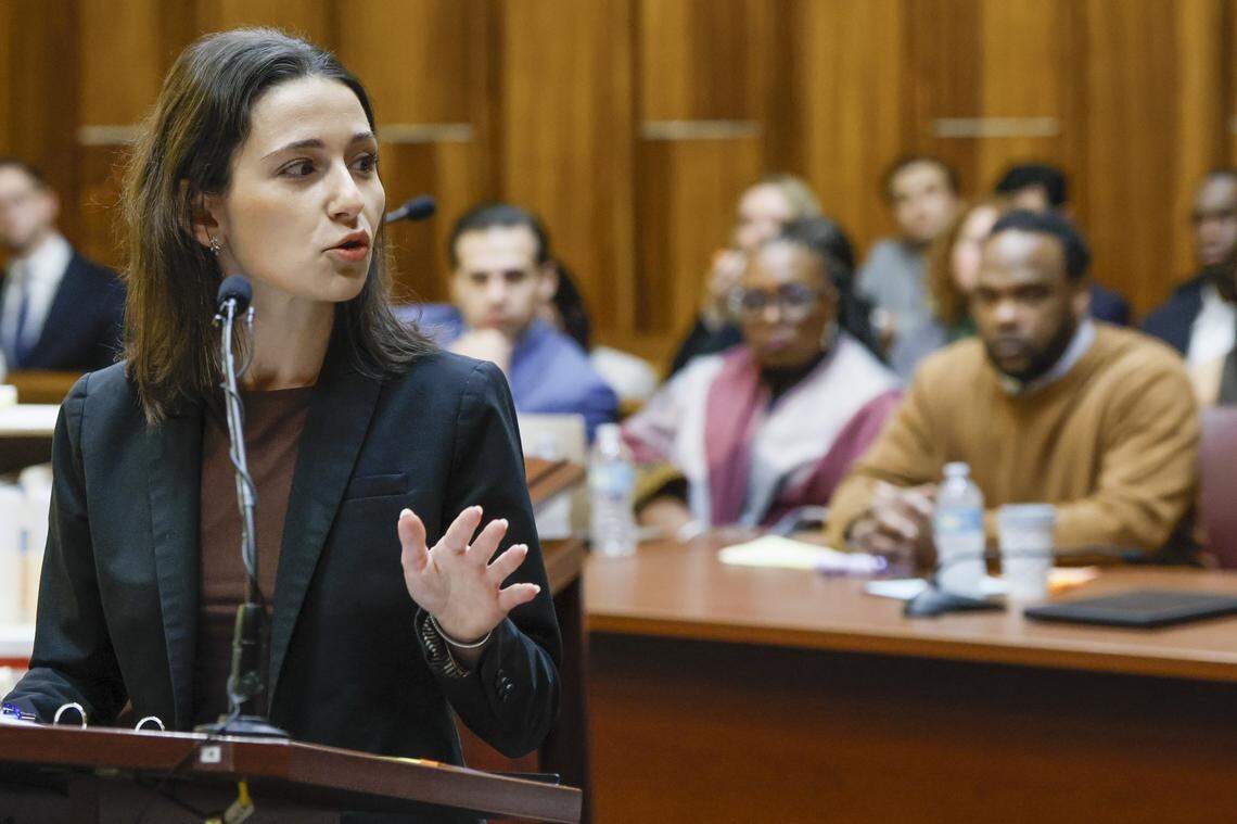 Defense attorney Sara Alvarez delivers an opening statement during the trial of Rashaun Jones, who is accused of killing his University of Miami football teammate Bryan Pata in 2006. Judge Cristina Miranda presiding in Courtroom 4-1 at the Richard E. Gerstein Justice Building on Wednesday, February 18, 2026.