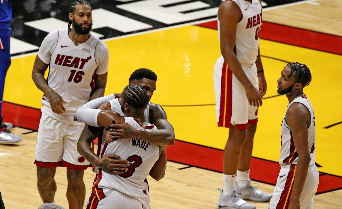 Miami Heats Udonis Haslem hugs Dwyane Wade after Wade played his final minutes at the AAA of his career and defeated the Philadelphia 76ers at the AmericanAirlines Arena in Miami, Florida, Tuesday, April, 9, 2019.