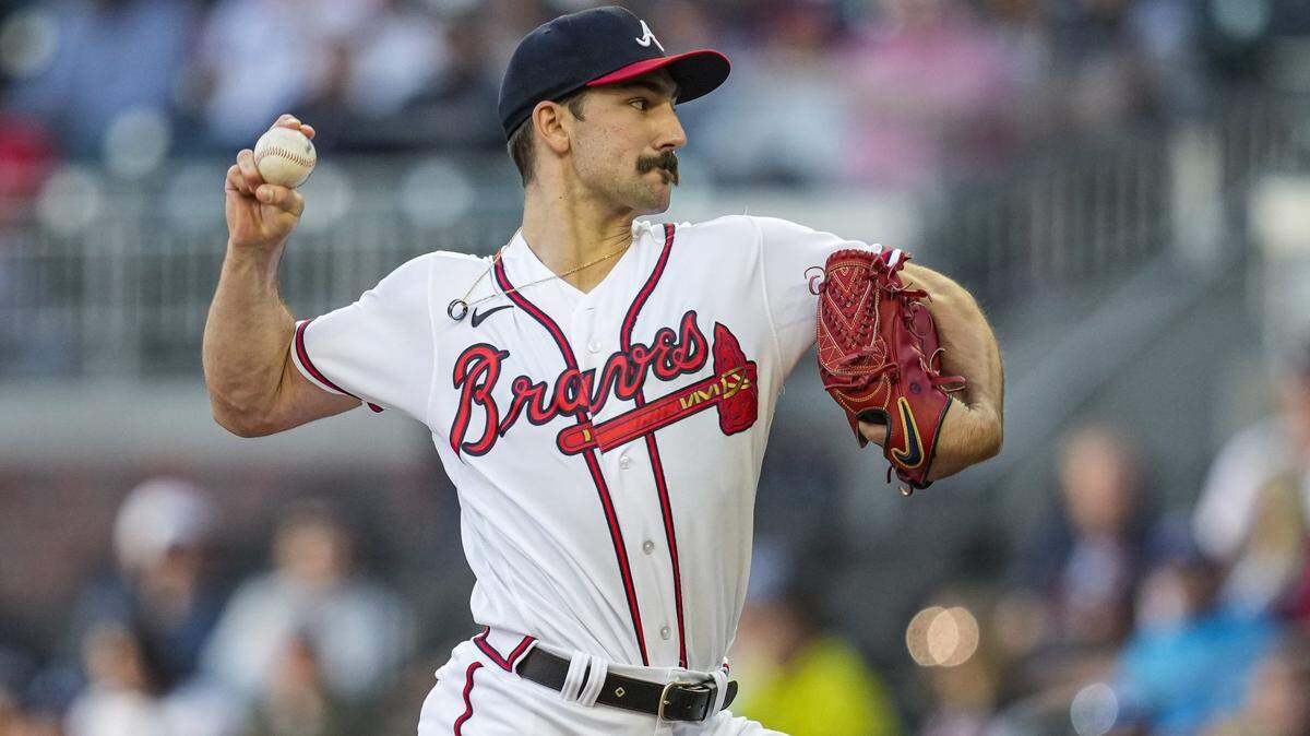 Atlanta Braves starting pitcher Spencer Strider (99) pitches against the Miami Marlins during the first inning at Truist Park on Monday, April 24, 2023.