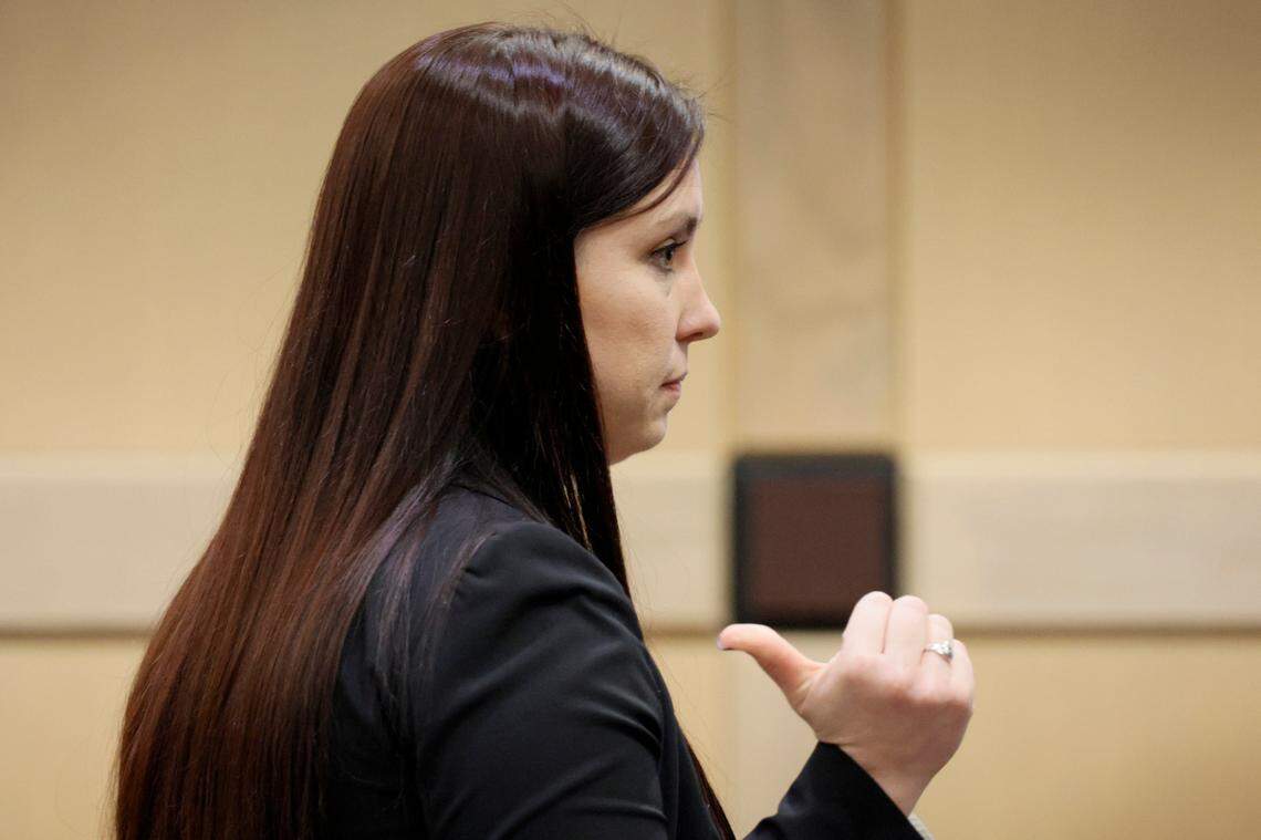 Asst. State Attorney Kristine Bradley motions towards the defendant as she gives her closing argument in the trial of Jamell Demons, better known as rapper YNW Melly, at the Broward County Courthouse in Fort Lauderdale on Thursday, July 20, 2023. Demons, 22, is accused of killing two fellow rappers and conspiring to make it look like a drive-by shooting in October 2018. (Amy Beth Bennett / South Florida Sun Sentinel)