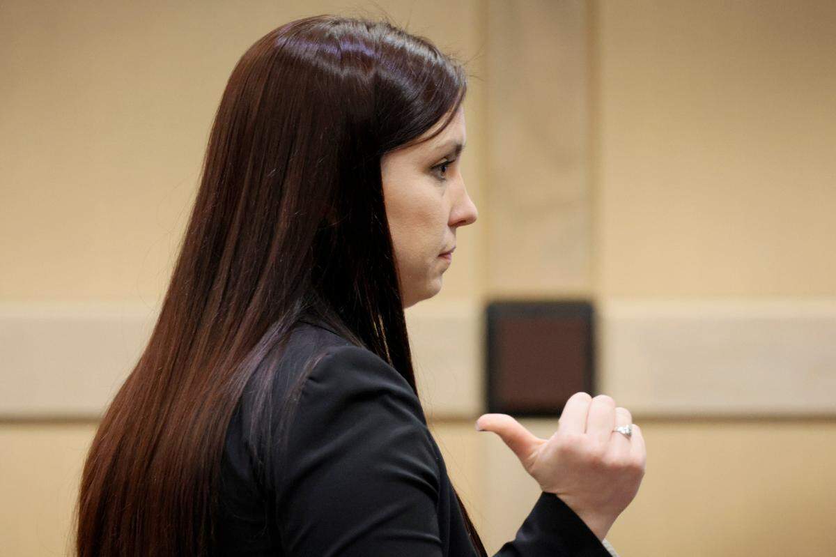 Asst. State Attorney Kristine Bradley motions towards the defendant as she gives her closing argument in the trial of Jamell Demons, better known as rapper YNW Melly, at the Broward County Courthouse in Fort Lauderdale on Thursday, July 20, 2023. Demons, 22, is accused of killing two fellow rappers and conspiring to make it look like a drive-by shooting in October 2018. (Amy Beth Bennett / South Florida Sun Sentinel)