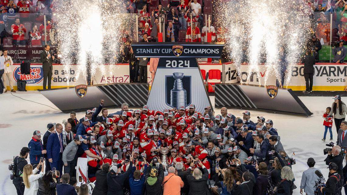 The Florida Panthers team poses with the Stanley Cup trophy after defeating the Edmonton Oilers in Game 7 of the NHL Stanley Cup Final at the Amerant Bank Arena on Monday, June 24, 2024, in Sunrise, Fla.