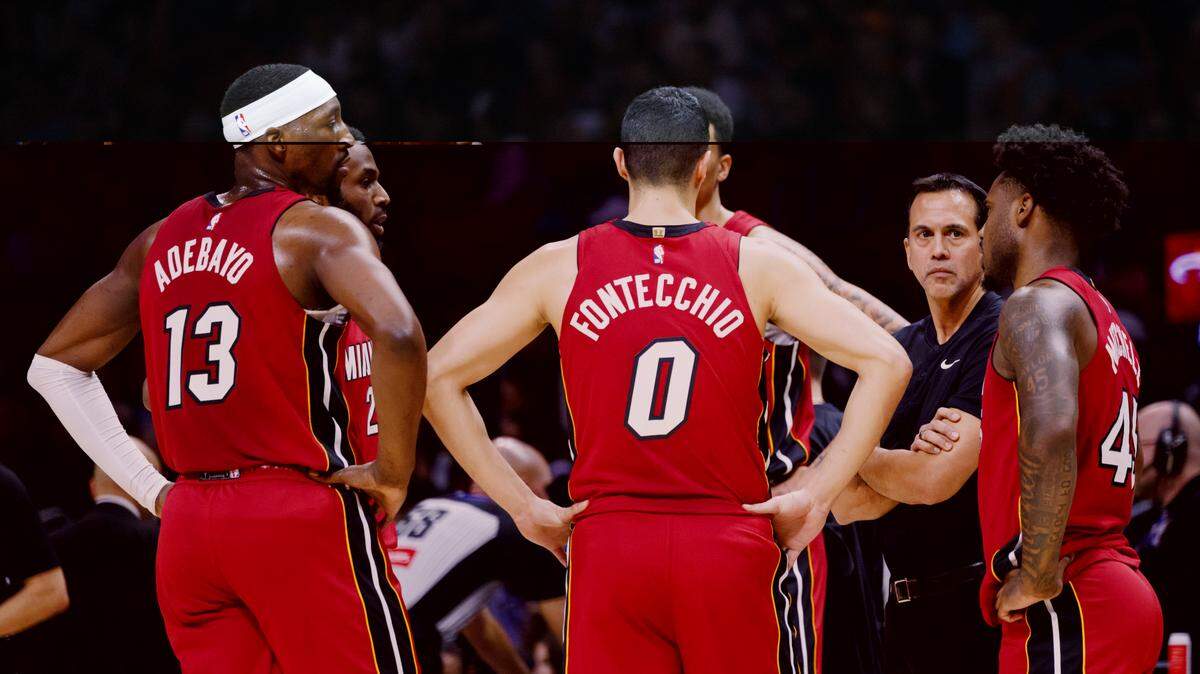 Miami Heat head coach Erik Spoelstra talks to the team during the first half of a game against the Utah Jazz on Feb. 9, 2026, at Kaseya Center in Miami.