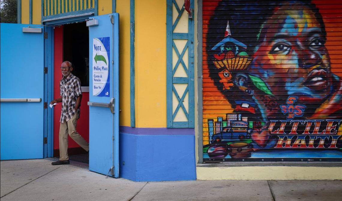 A voter exits the poll station on Election Day at the Little Haiti Cultural Complex’s Caribbean Marketplace in Miami’s Little Haiti neighborhood on Tuesday, November 5, 2024.