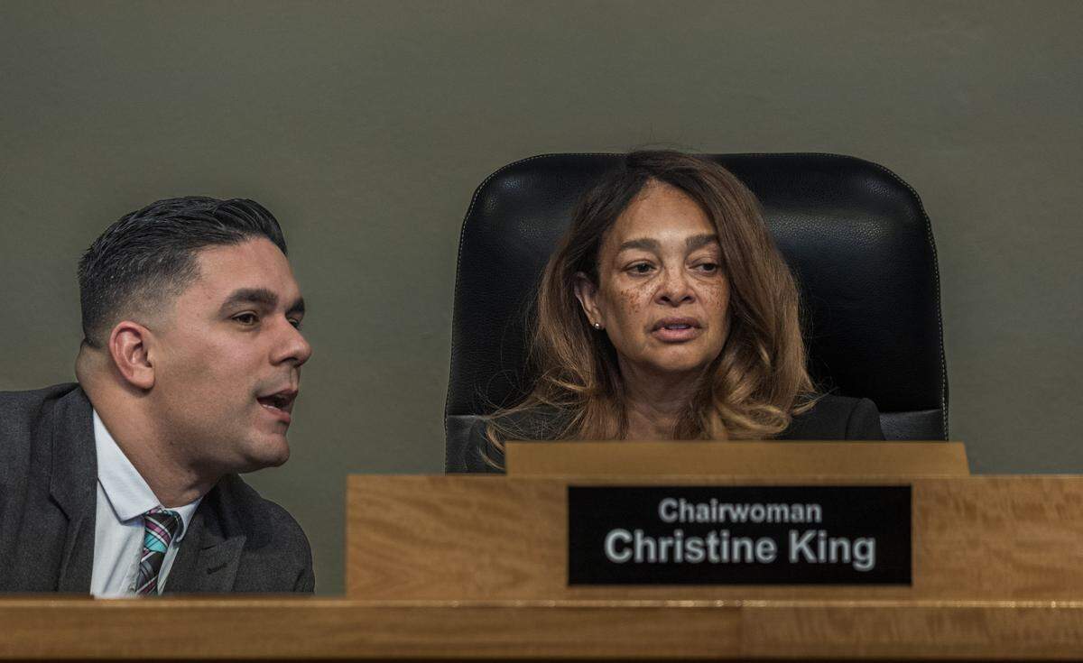 City of Miami Commission Chair Christine King and Commissioner Rolando Escalona talked, during a City of Miami Commission meeting, at City Hall, on Thursday April 09, 2026.