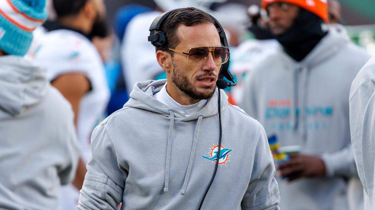 Miami Dolphins head coach Mike McDaniel looks from the sidelines before the start of an NFL football game against the New York Jets at MetLife Stadium on Friday, Nov. 24, 2023 in East Rutherford, New Jersey.