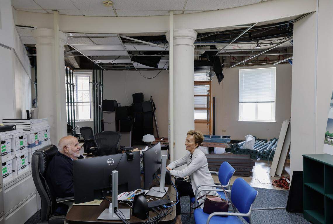 Dropped ceilings in offices that obscured original architectural details and proportions at Coral Gables’ historic City Hall are being removed as the building is vacated for a comprehensive restoration expected to take up to three years.