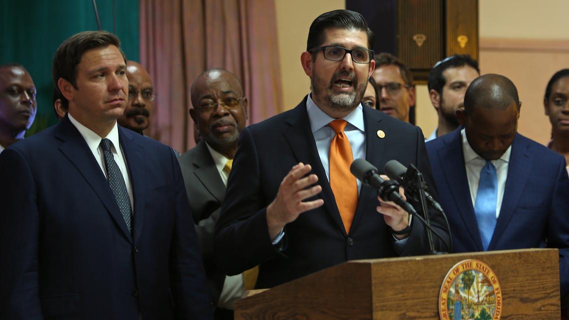 Sen. Manny Diaz Jr. (R-Hialeah) speaks alongside Florida Gov. Ron DeSantis during a signing ceremony at William A. Kirlew Junior Academy, a Seventh-day Adventist K-8 school in Miami Gardens, on Thursday, May 9, 2019.