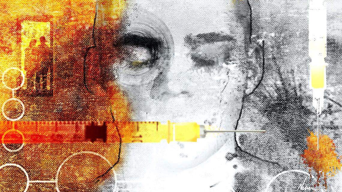 An illustration of a young drug addict with syringe, and concerned family in background. Fentanyl overdoses can number over 150 people every day in the United States, according to the Centers for Disease Control and Prevention. 