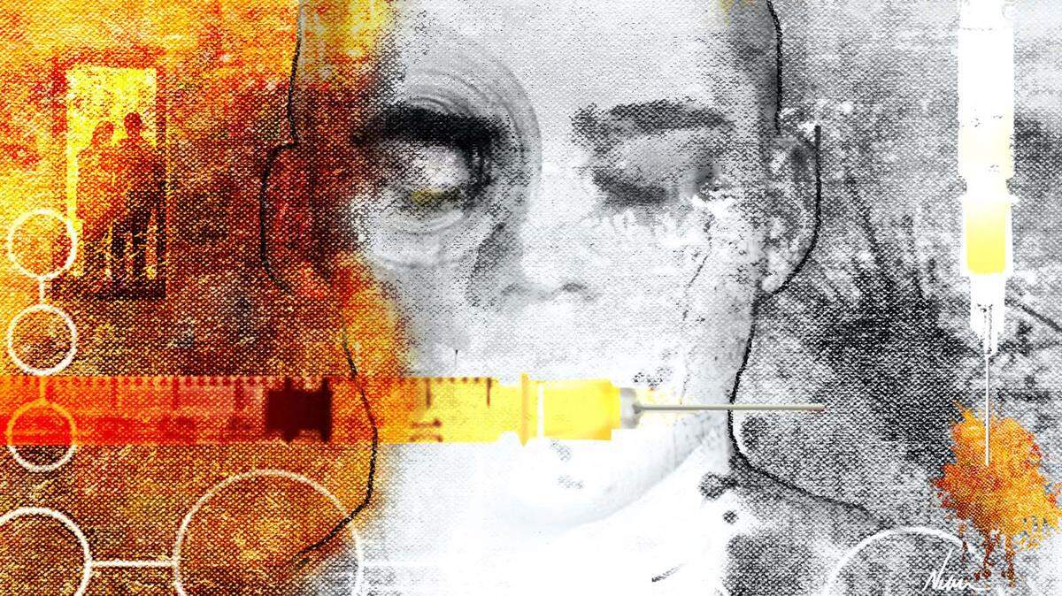 An illustration of a young drug addict with syringe, and concerned family in background. Fentanyl overdoses can number over 150 people every day in the United States, according to the Centers for Disease Control and Prevention. 