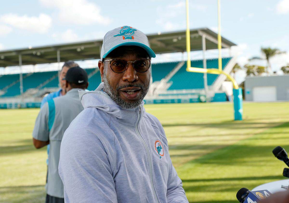 Miami Dolphins cornerbacks coach and pass game specialist Sam Madison talks with the reporters during media availability at Baptist Health Training Complex in Hard Rock Stadium on Wednesday, February 23, 2022 in Miami Gardens, Florida.