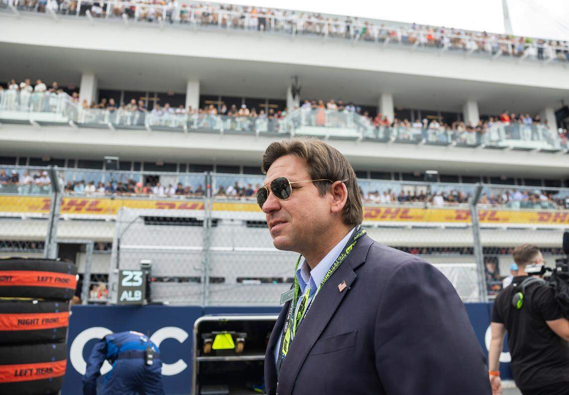 Florida Governor Ron DeSantis walks the grid ahead of the Formula One Miami Grand Prix at the Miami International Autodrome on Sunday, May 4, 2025, in Miami Gardens, Fla.