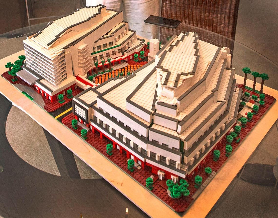 Stu Blumberg assembled a model of the Adrienne Arsht Center for the Performing Arts out of Legos.