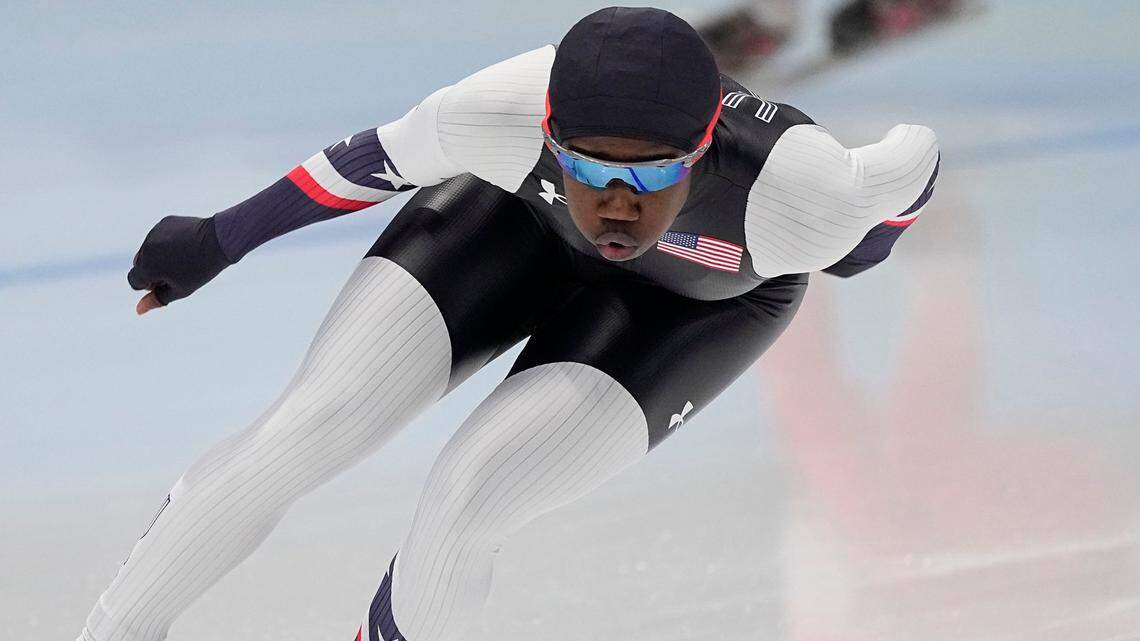 Erin Jackson of Ocala, Florida, competes in the speed skating women’s 500-meter race at the 2022 Winter Olympics, Sunday, Feb. 13, 2022, in Beijing. She went on to win the gold medal for the United States.