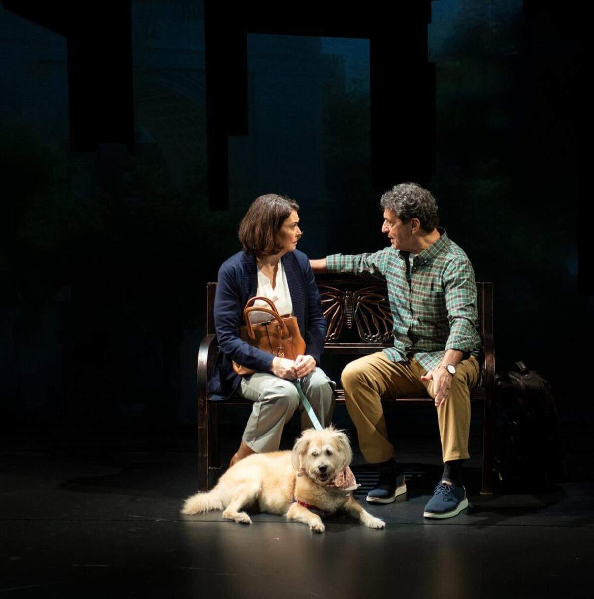 Buddy Dalton as Honey the dog accompanies her owner Delia (Dalia Alemon) as she embarks on a late-in-life romance with Peter (Stephen Schnetzer) in “Left on Tenth,” now at GableStage in Coral Gables through Dec. 21.