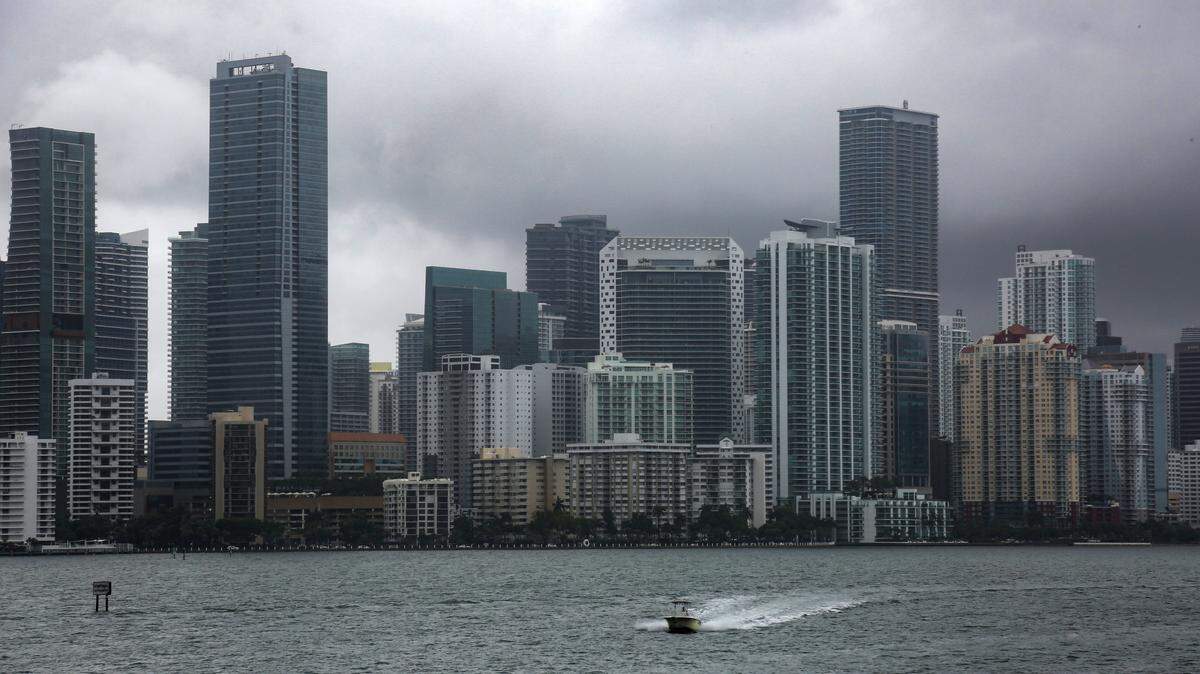 No investor bought an office in Miami-Dade or Broward during the second quarter 2020, according to CBRE researchers. Above: The Brickell skyline on May 25, 2020.