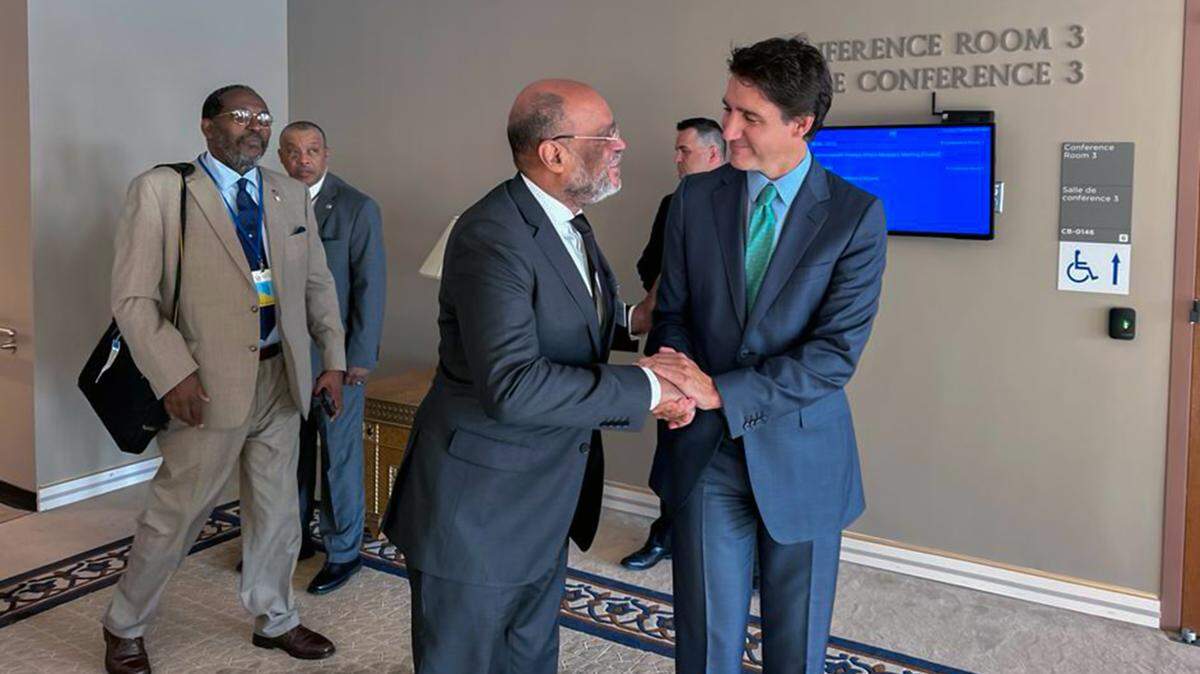 Haiti Prime Minister Ariel Henry, left, meets with Canada Prime Minister Justin Trudeau on the sidelines of the United Nations General Assembly in New York on Thursday, September 21, 2023.